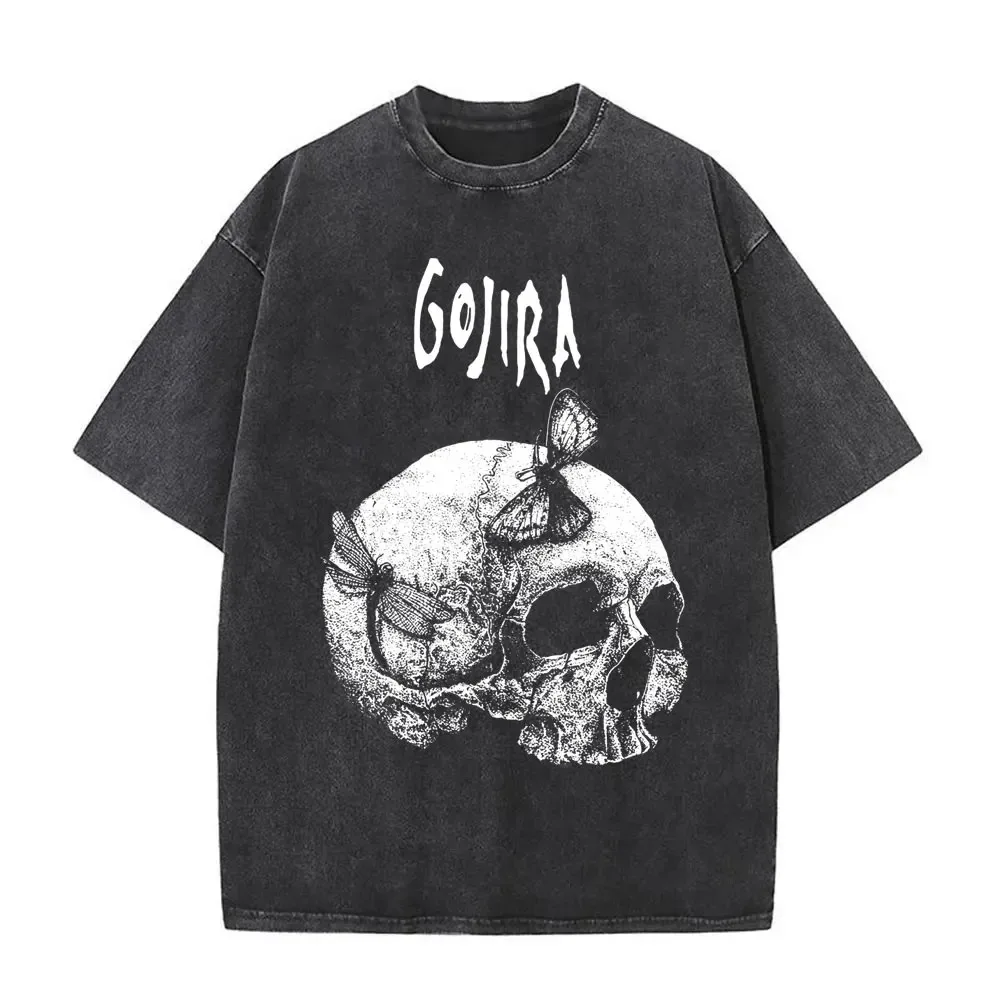 Distressed Black Gojira (Band) Life-Death Theme Graphic T-Shirt – Skull & Butterfly Print Apparel for Heavy Metal Fans T-shirt