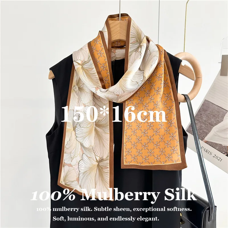 2026 100% Echte Maulbeerseide Halstuch Mode Lang 150x16cm als Hochzeitsgeschenk für Frauen Mädchen Natürliches Haarband Hijab Accessoire