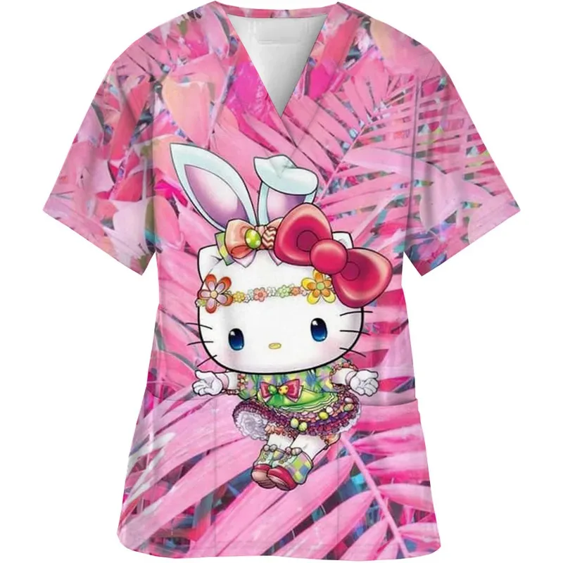 الكرتون اللون حجب مرحبا كيتي مطبوعة ممرضة الدعك المرأة ممرضة موحدة الخامس الرقبة عيادة موحدة مستشفى سبا تي شيرت