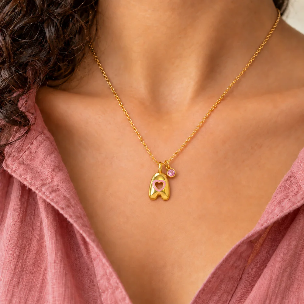 Initial Charm Gold Plated Letter Necklace for Women Men Heart Cutout Pink Cubic Zirconia Small Dangle Chain Daily Wear Accessory