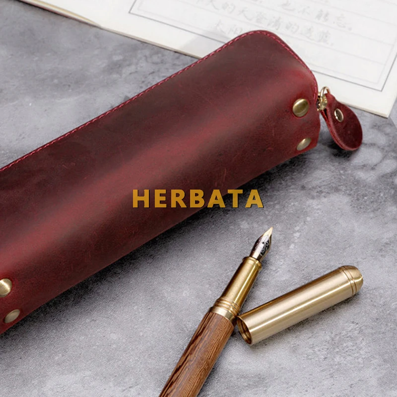 Handmade Genuine Leather Pencil Bag Vintage Retro Style Cowhide Zipper Pen Case School Bag Glasses Case Office Stationery Gift