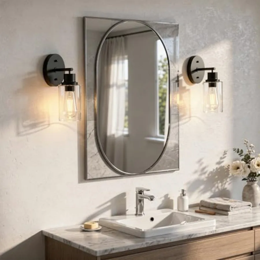 Black Bathroom Wall Sconces Modern Vanity Light Fixtures with Clear Glass Shade 1-Light Wall Lamps Over Mirror for Bathroom Bed