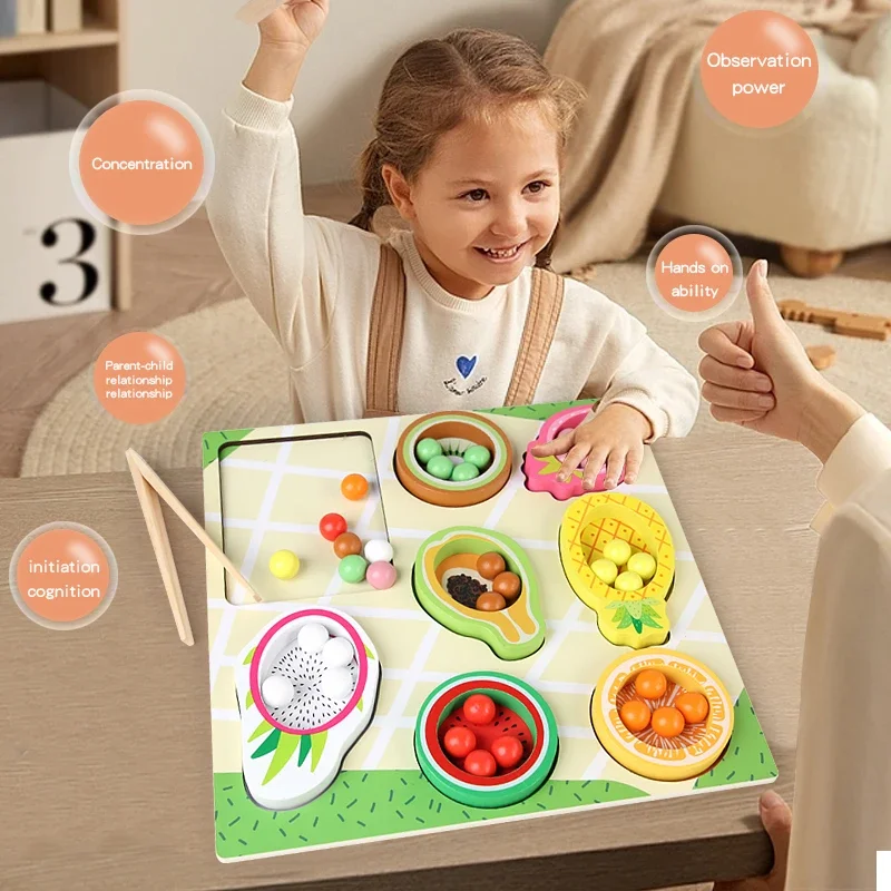 Jeu de correspondance et de découpage, Clip de fruits en bois, perles de couleur, trieur sensoriel pour enfants, motricité Fine, éducation précoce