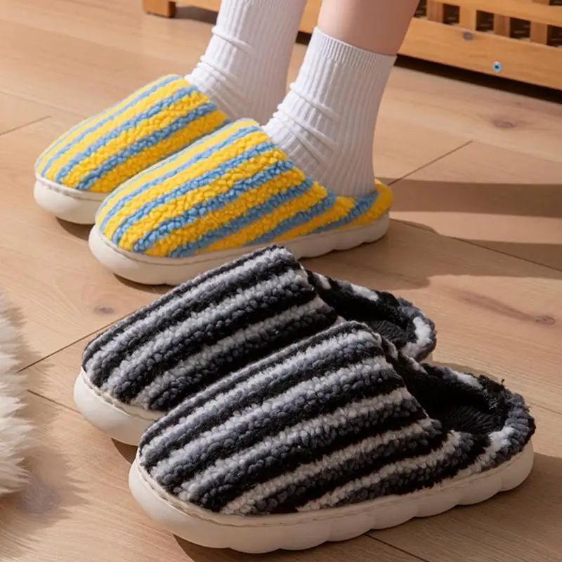 Modische Plüsch-Streifen-Hausschuhe für Damen Herbst Winter 2026 Dicke Plattform Baumwoll-Pantoffeln Warme Flauschige Rutschfeste Schuhe – Detail 4