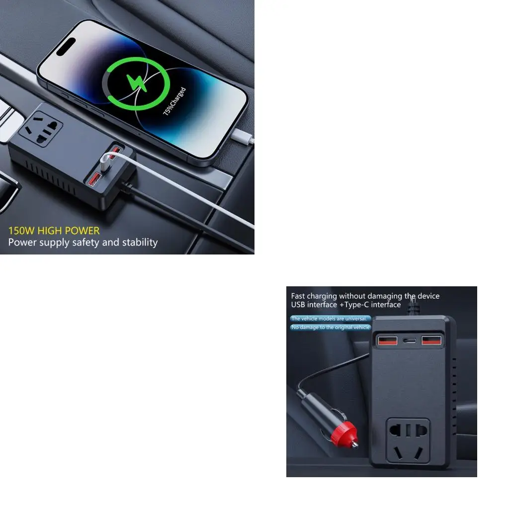  High Speed Charging Car Inverter Power Adapter 150W 4 Intelligent USB Ports Compact Design For Road Trips Electronics