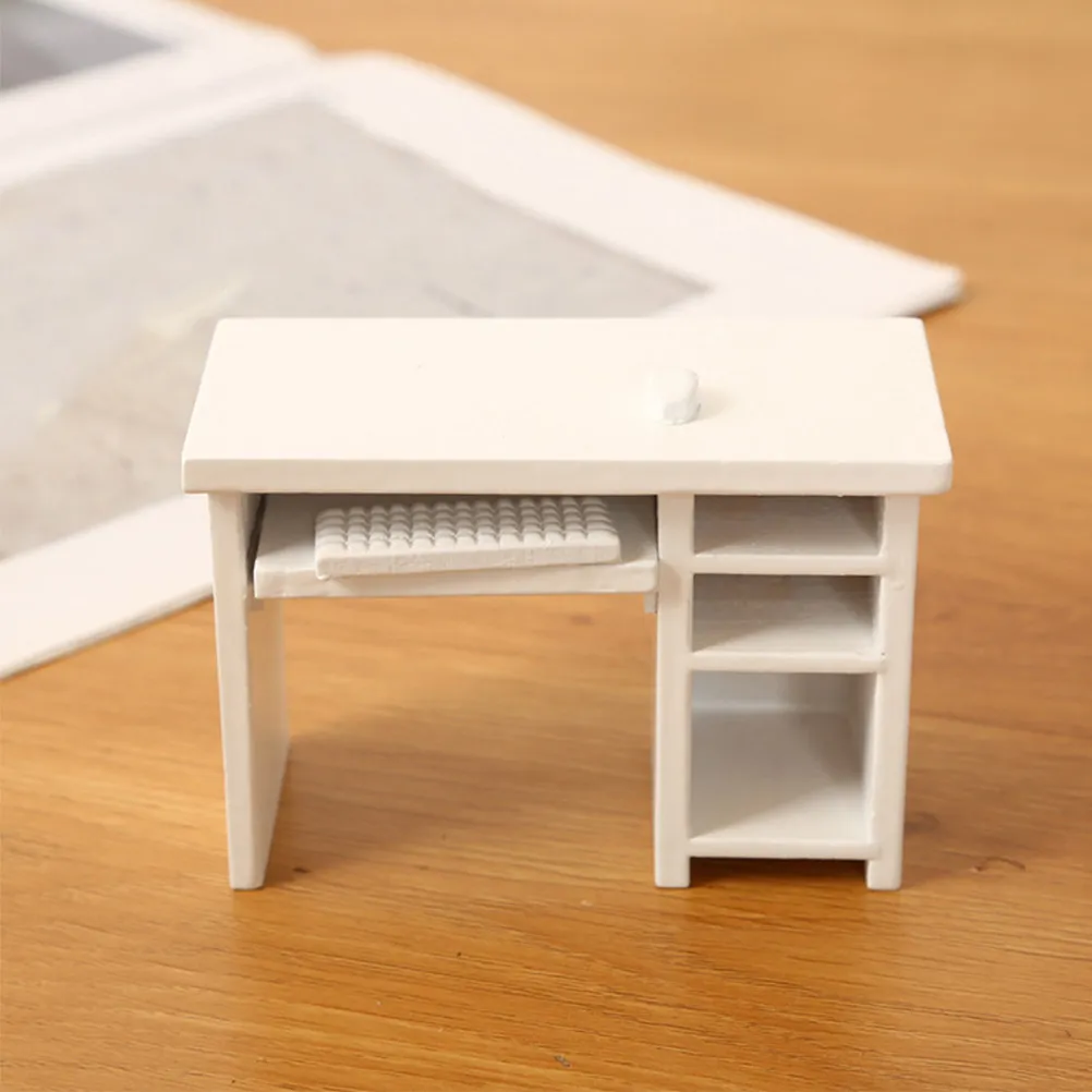 

1Set Miniature Dollhouse Computer Desk White Office Table Realistic Desktop Furniture Accessory Mouse Keyboard Included