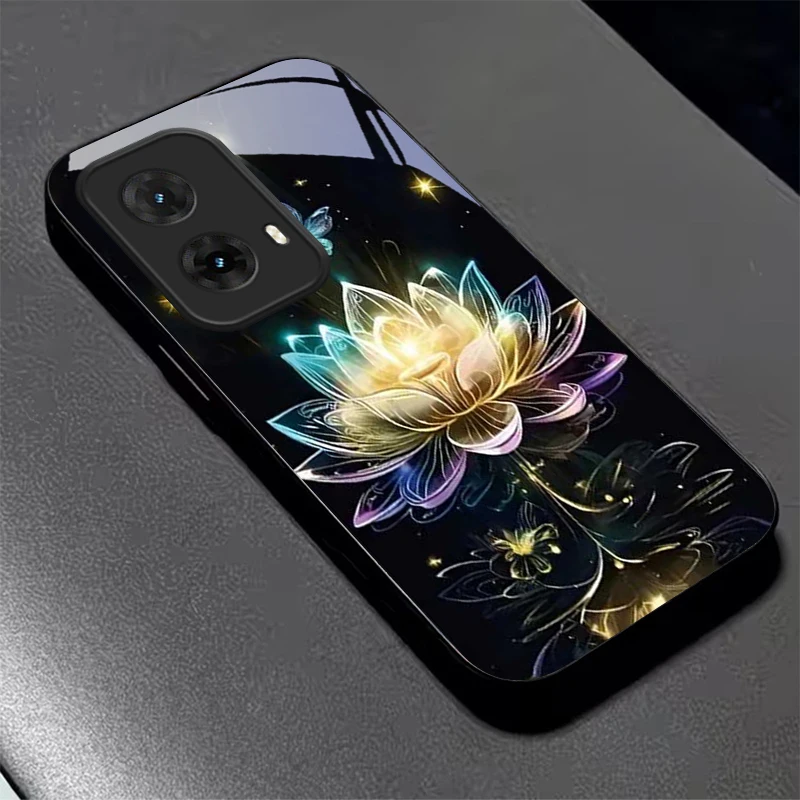 Crystal Lotus Art Black Glass Phone Case For Motorola Moto G14/G22/G24Power/G24/G34/G35/G45/G54/55/G75/G84/85 Hard Black Cover view 5