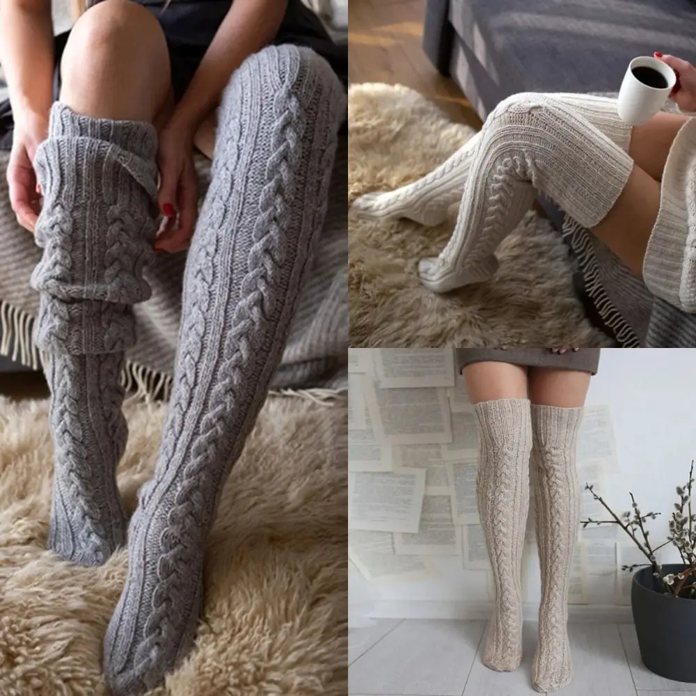 

Fashion Winter Warm Women's Socks Thick Stripes Stacking Knitted Stockings Thigh Sock Sexy Casual Over Knee Long Socks Gift