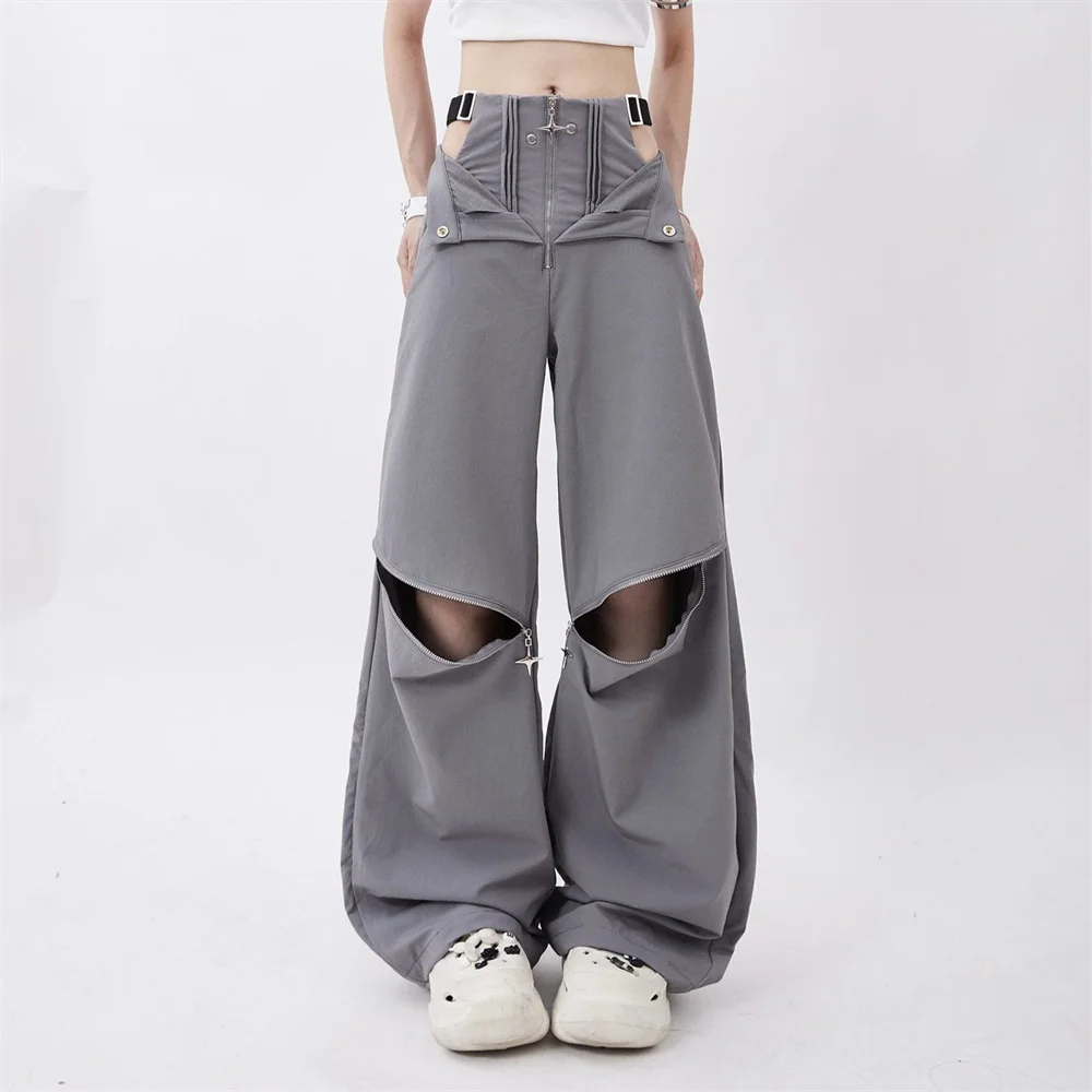 American Individualized Design Casual Versatile Trousers Spicy Girl Hollow Out Workwear Pants for Women Fashion Zipper Two Wear