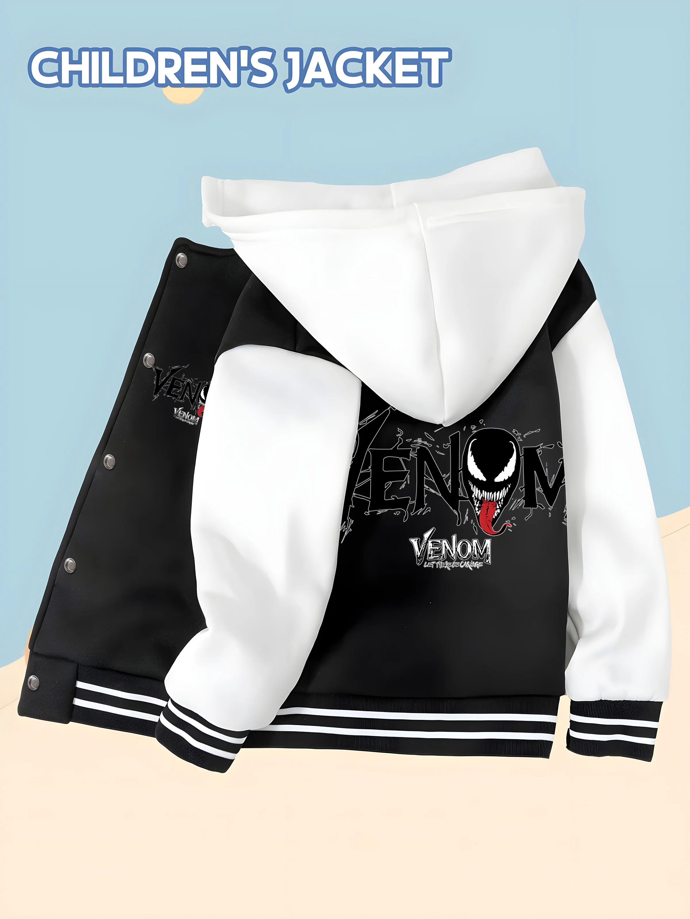 

MINISO Marvel Boys' Baseball Jacket - Venom Dark Style Print, Double-sided Pattern, Comfortable Fabric, Black and White, Fashion