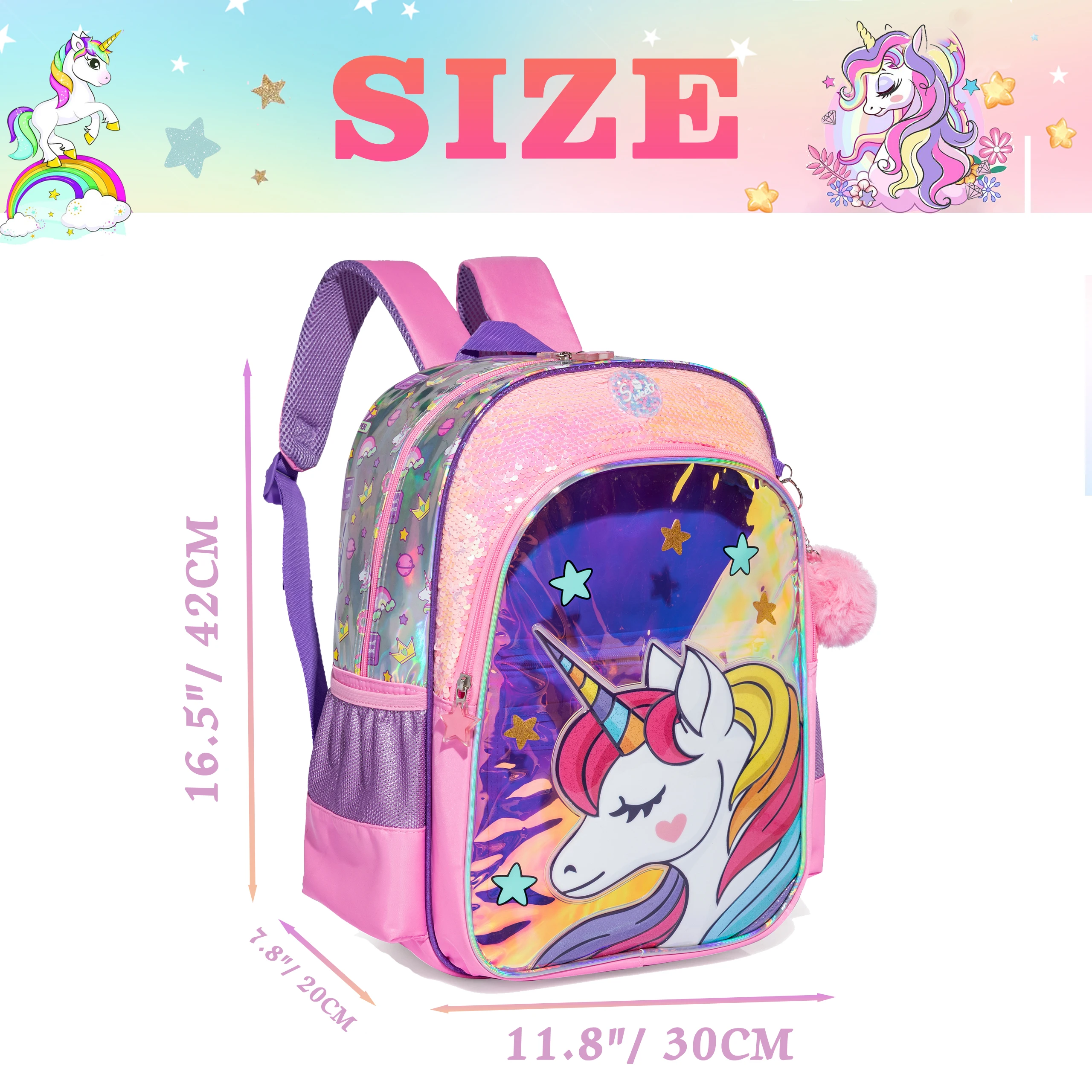 Mochilas escolares Unicorn para meninas adolescentes, Mochila com lancheira, Estojo para lápis, Mochila primária elementar