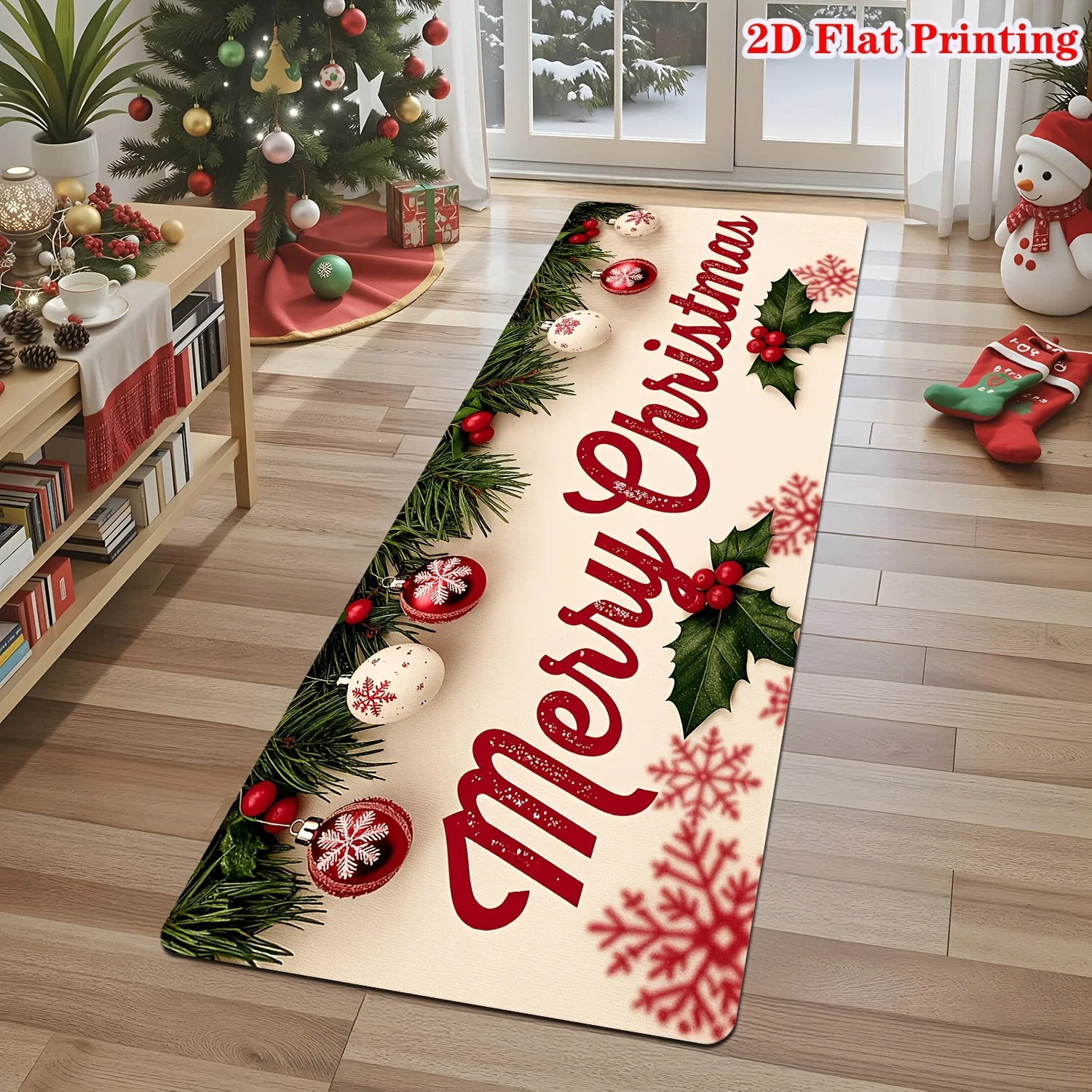 Brown Golden Merry Christmas Runner Rug Golden Bell Gift Box Pine Branch Snowflake Print Long Floor Rug Festive Decor Rug
