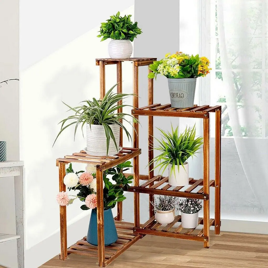 6-Tier Corner Plant Display Stand Pine Wood Flower Pots Shelf Rack for Balcony Patio Garden