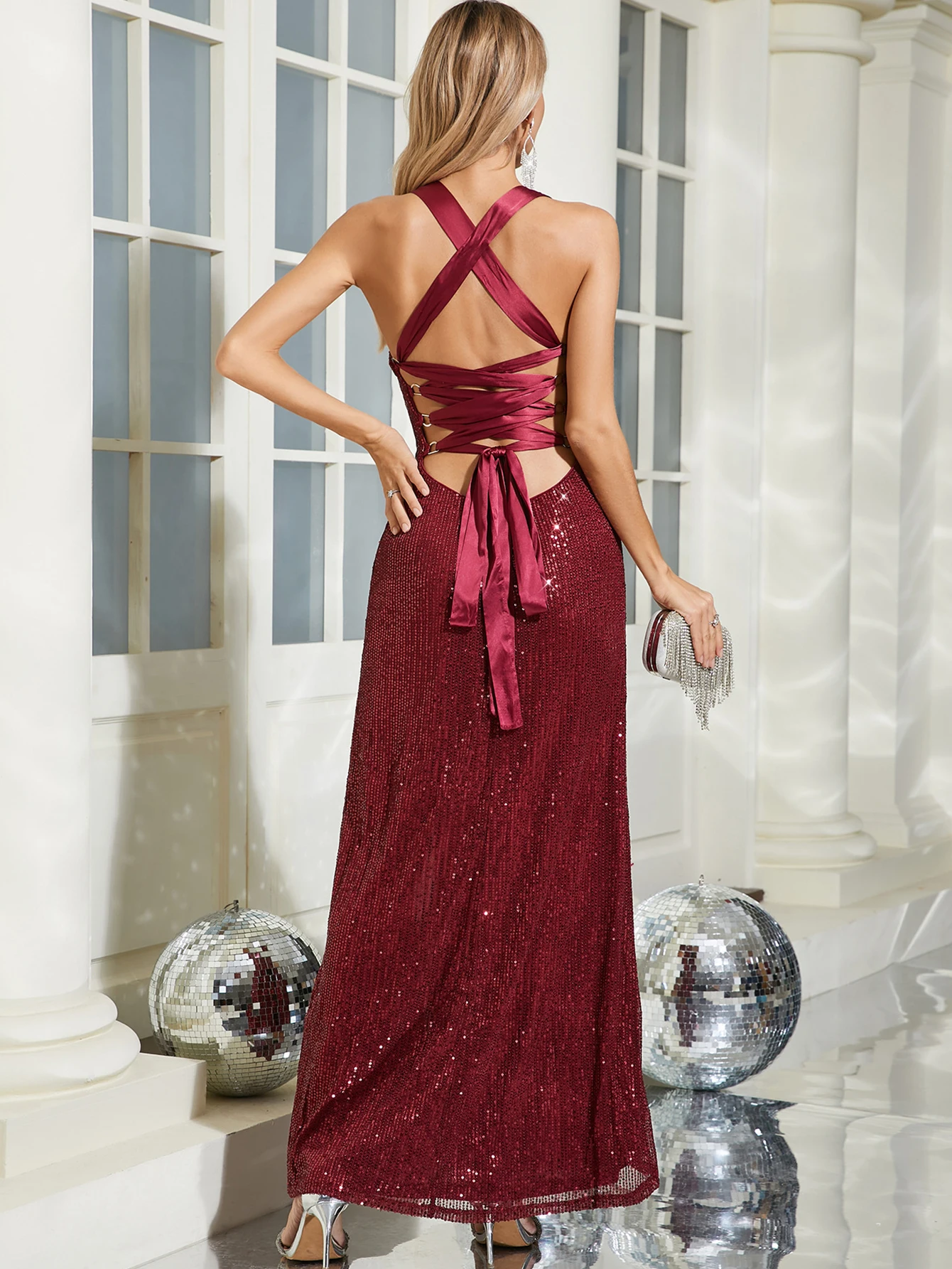 セクシーな背中見せマキシ丈サマーシークインドレス レディース エレガント ウェディング 誕生日パーティー ドレス 女性 エレガント イブニング ロングドレス ワンピース