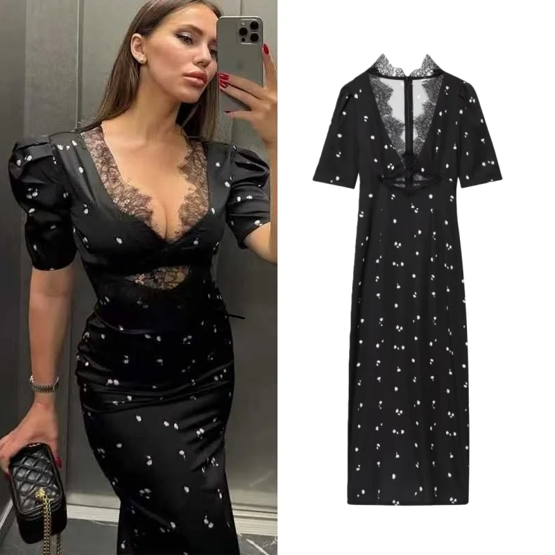 فستان Tidalyf 2025 للسيدات بطبعة أوراق شجر مزين بالدانتيل وأكمام قصيرة ورقبة على شكل V وطول الساق ملابس أنيقة أنيقة #1