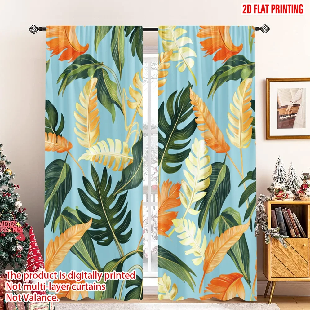 2pcs 2D flat printing Curtain Tropical Leaves Orange Yellow Digital Printed Polyester Drapes Party Decorations Use for Home &