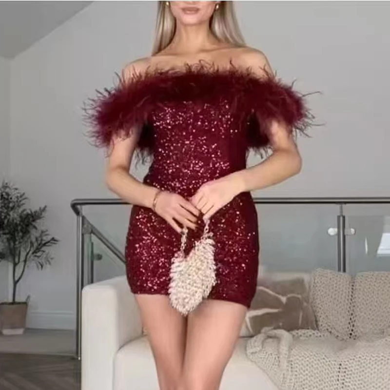 Sexy Off Shoulder Glitter Sequin Hollow Feather Slim Hip Party Dress Women Elegant One shoulder Shining Banquet Dresses Vacation