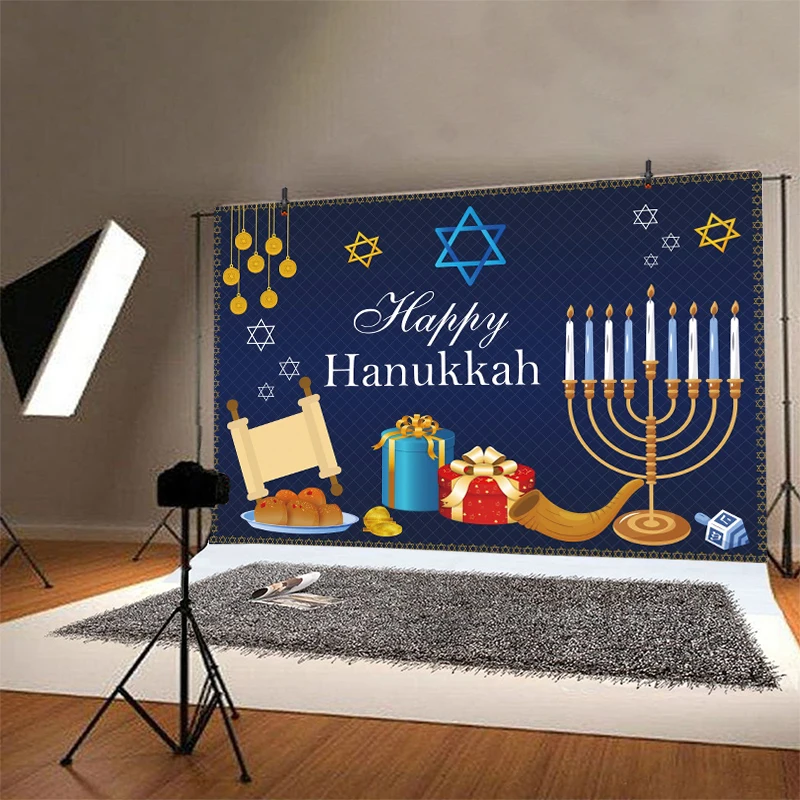 Hanukkah Photo Backdrop Chanukah Jewish Judaism Party Lampstand Hashanah Dreidel Photography Background Menora Decoration Banner