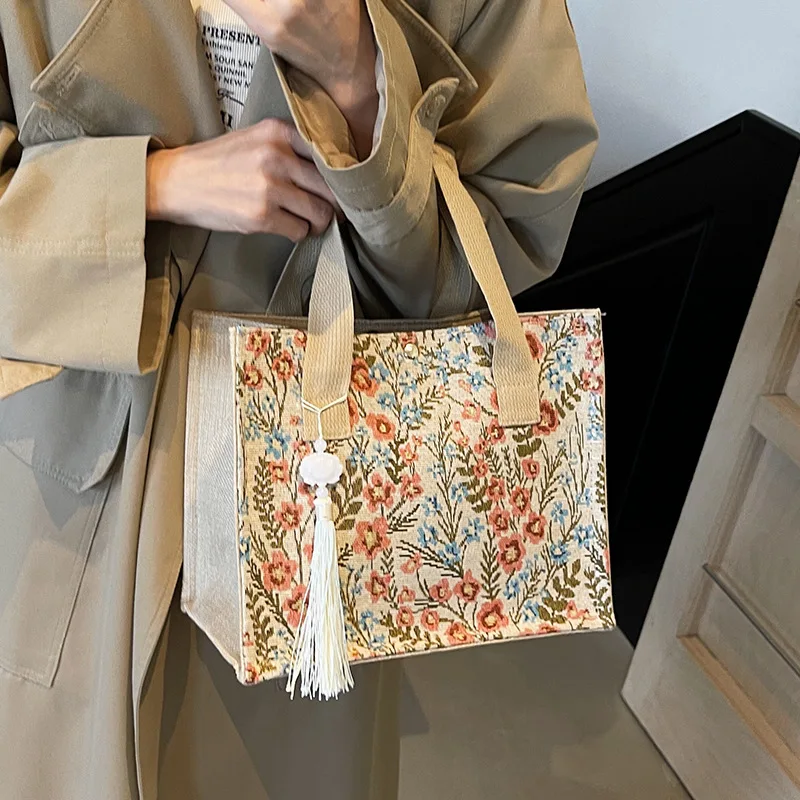 

Large-Capacity Floral Linen Shoulder Handbag for Women Versatile Storage Bag Stylish Ins Foreign-Style Women's Accessory