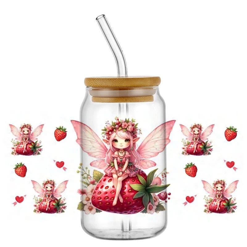 Miniso Strawberry Girl pattern 16OZ UV DTF Cup Wraps Transfer Sticker For Glass Libbey Can Bottle Selfadhesive Washable DIY