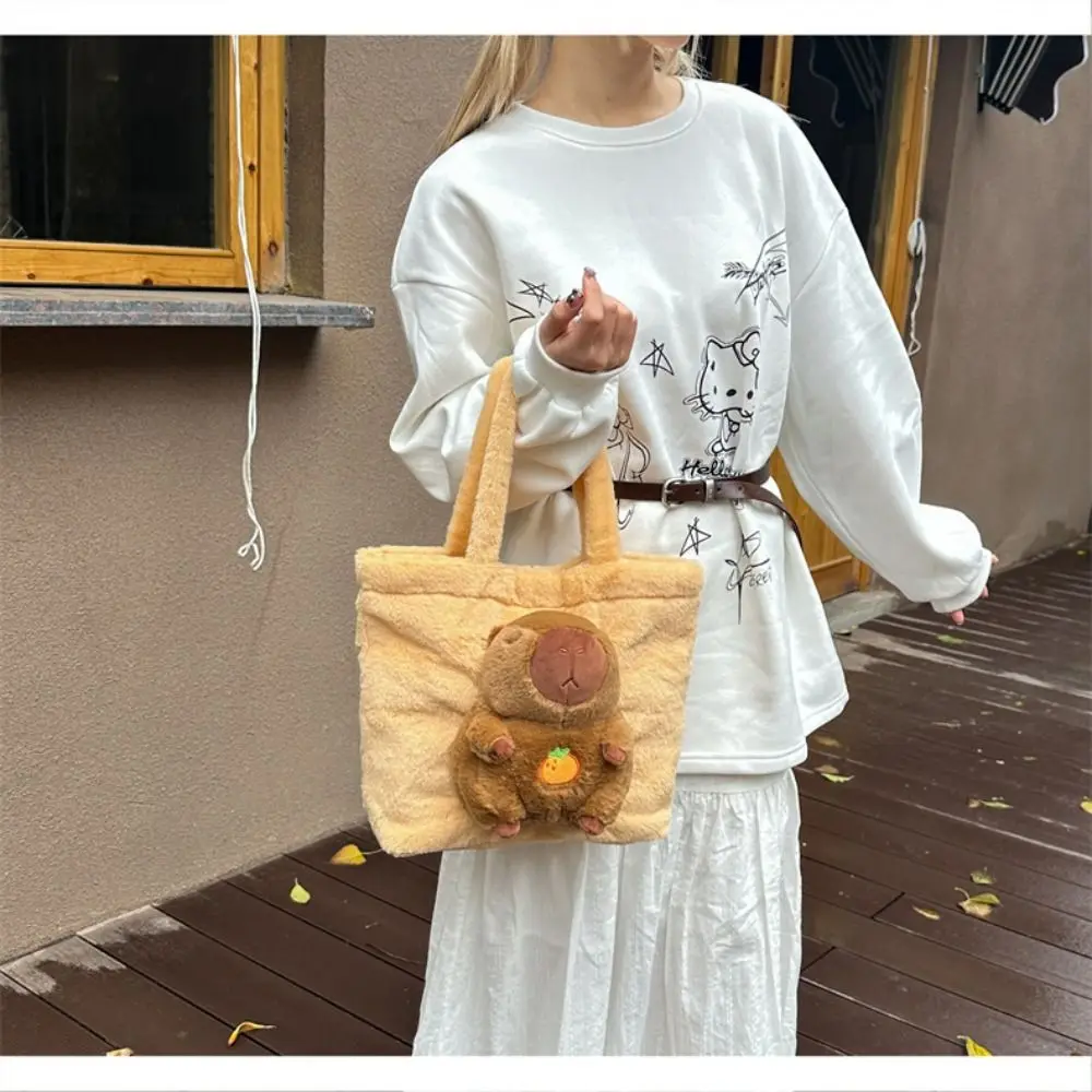 Fashion Cartoon Capybara Handbag Large Capacity Magnetic Buckle Plush Doll Tote Bag Cute Korean Style Kid Schoolbag Travel