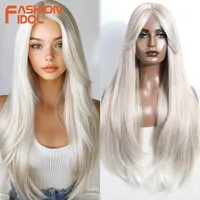 FASHION IDOL Pelucas de encaje rectas de 30 pulgadas/75 cm, pelucas sintéticas con frente de encaje rubio ombré para mujeres con flequillo, peluca resistente al calor