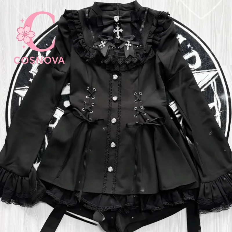 Женский готический винтажный кружевной лоскутный комплект в стиле Лолиты, элегантные милые модные платья с длинными рукавами для девочек, японская милая одежда Y2k
