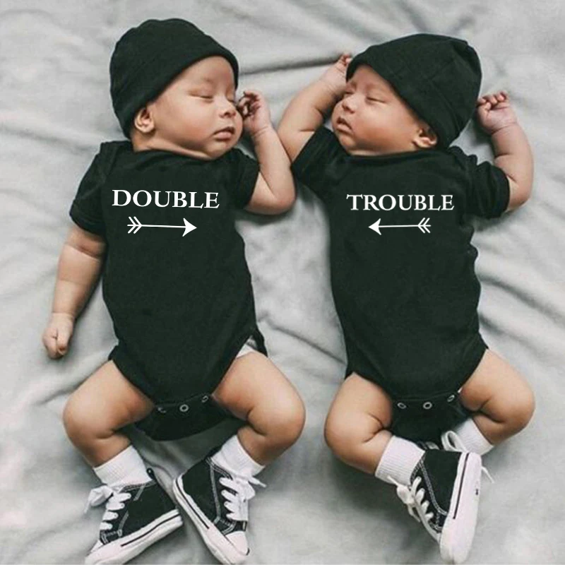 Funny Double Trouble Print Newborn Infant Baby Boys Girls Bodysuit Twins Romper Jumpsuit Outfits Hipster Baby Clothes
