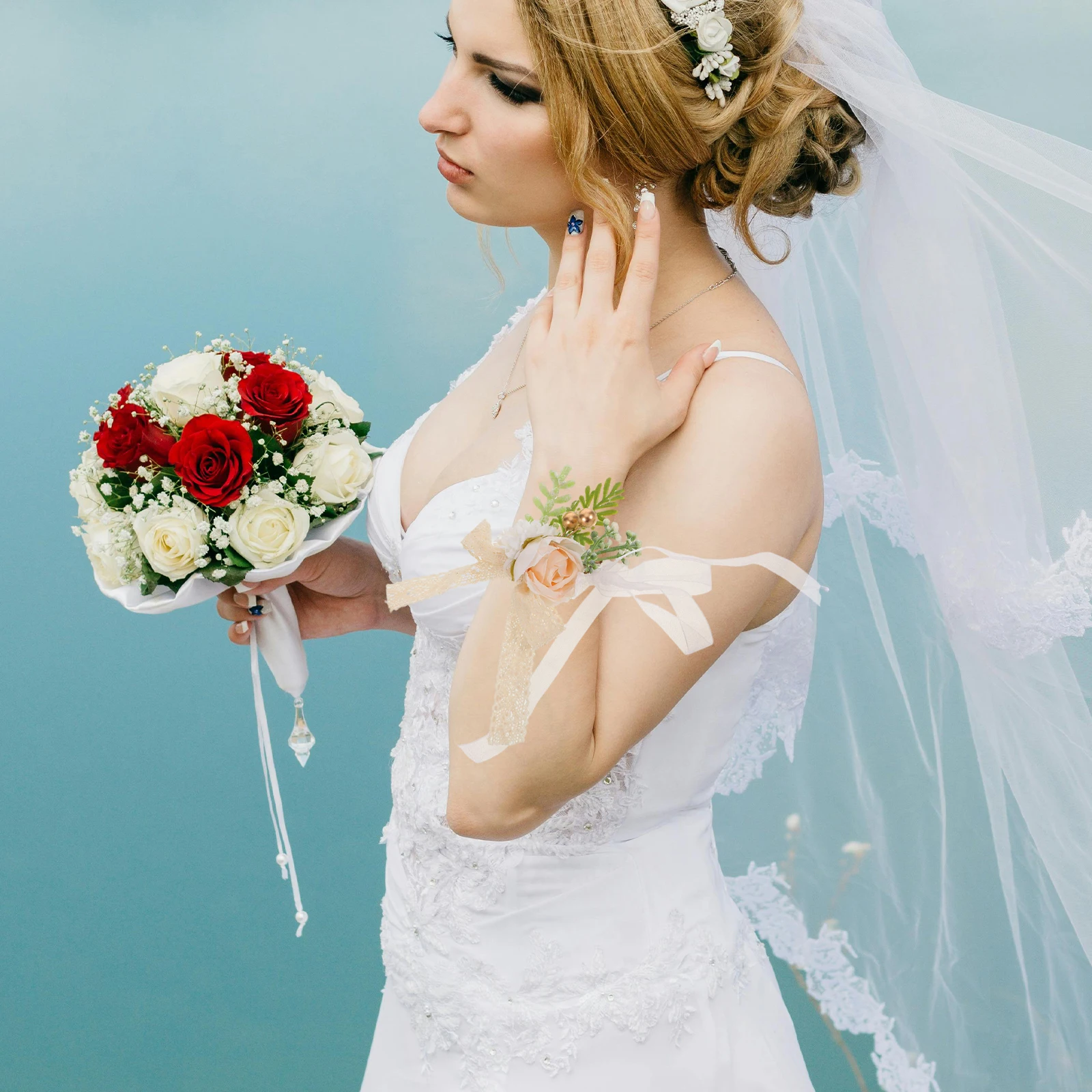 

4 Pcs Wedding Wrist Flower Fake Wristband Artificial Bridal Bridesmaid Corsages for Bridesmaids Hand Flowers Floral