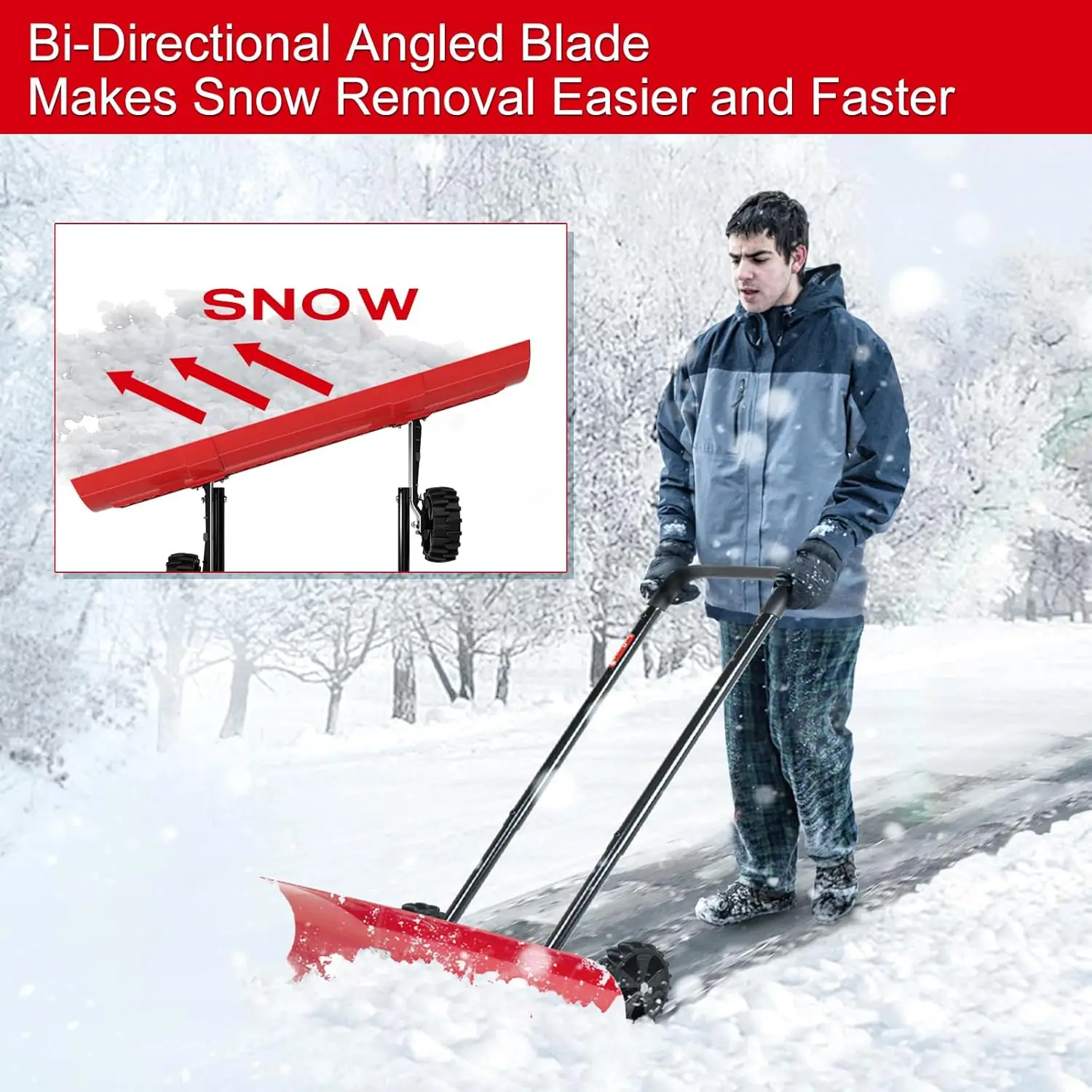 38 Inch Snow Shovel for Driveway, Bi-Direction Heavy Duty Snow Pusher with Wheels and Angled Blade for Efficient Snow Removal