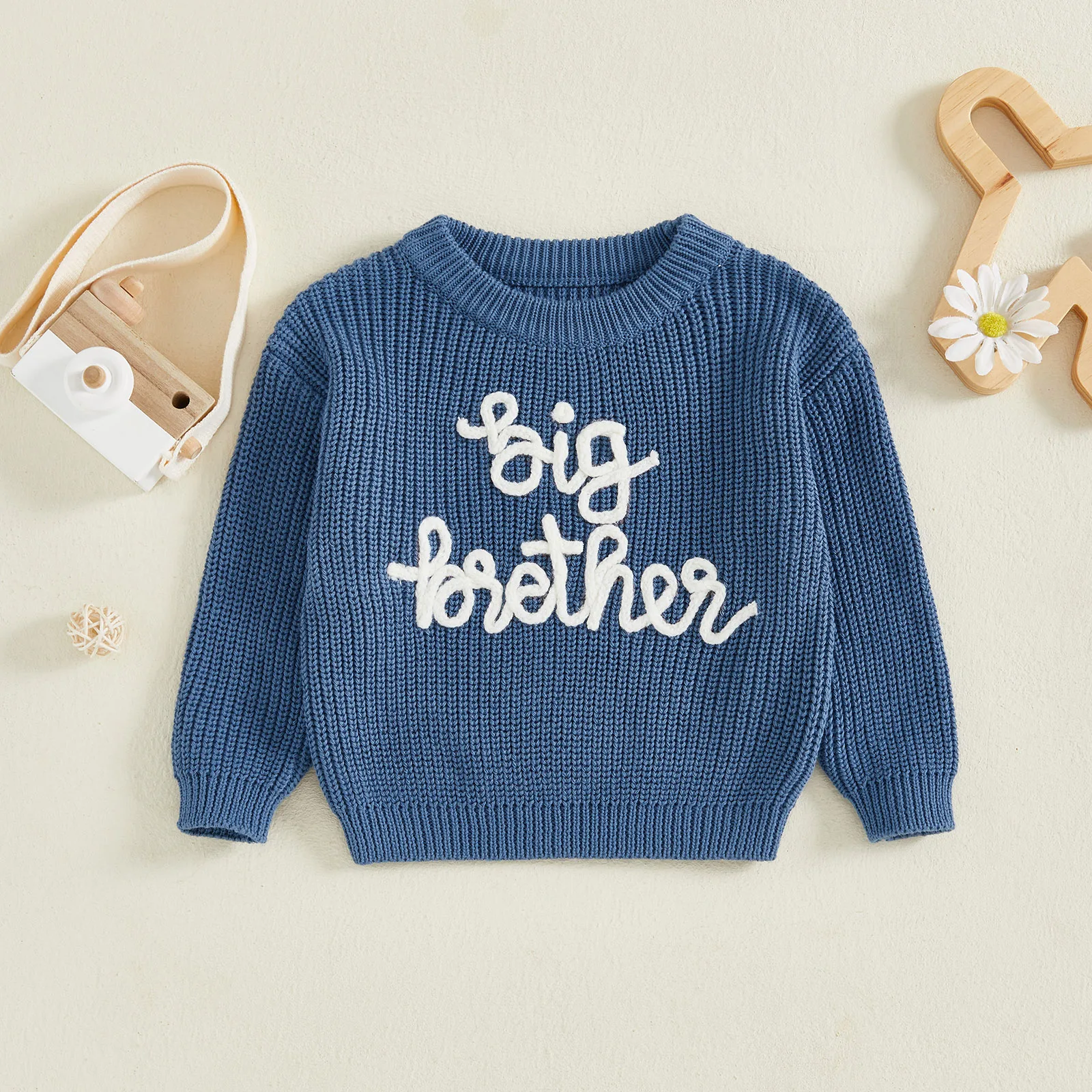 

VISgogo Toddler Boy Fall Sweater Letter Embroidered Crewneck Long Sleeve Pullover Chunky Knit Tops