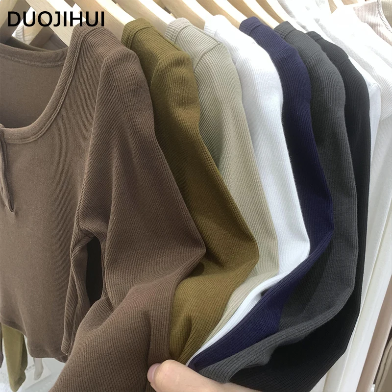 DUOJIHUI Navy Blue Autumn Sexy Chicly Button Women T-shirts Basic O-neck Simple Casual Fashion Solid Color Slim Female T-shirts