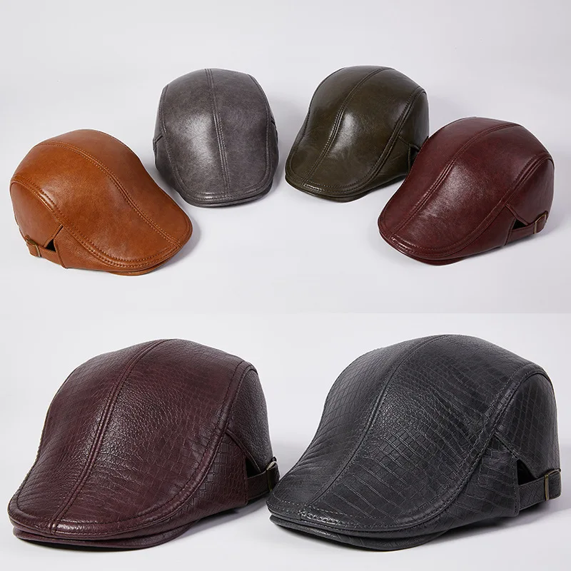 Men's Sheepskin Beret Middle-aged And Elderly Men Duck Tongue Cap Forward Cap Fashion Leather Hat Windproof Warmth