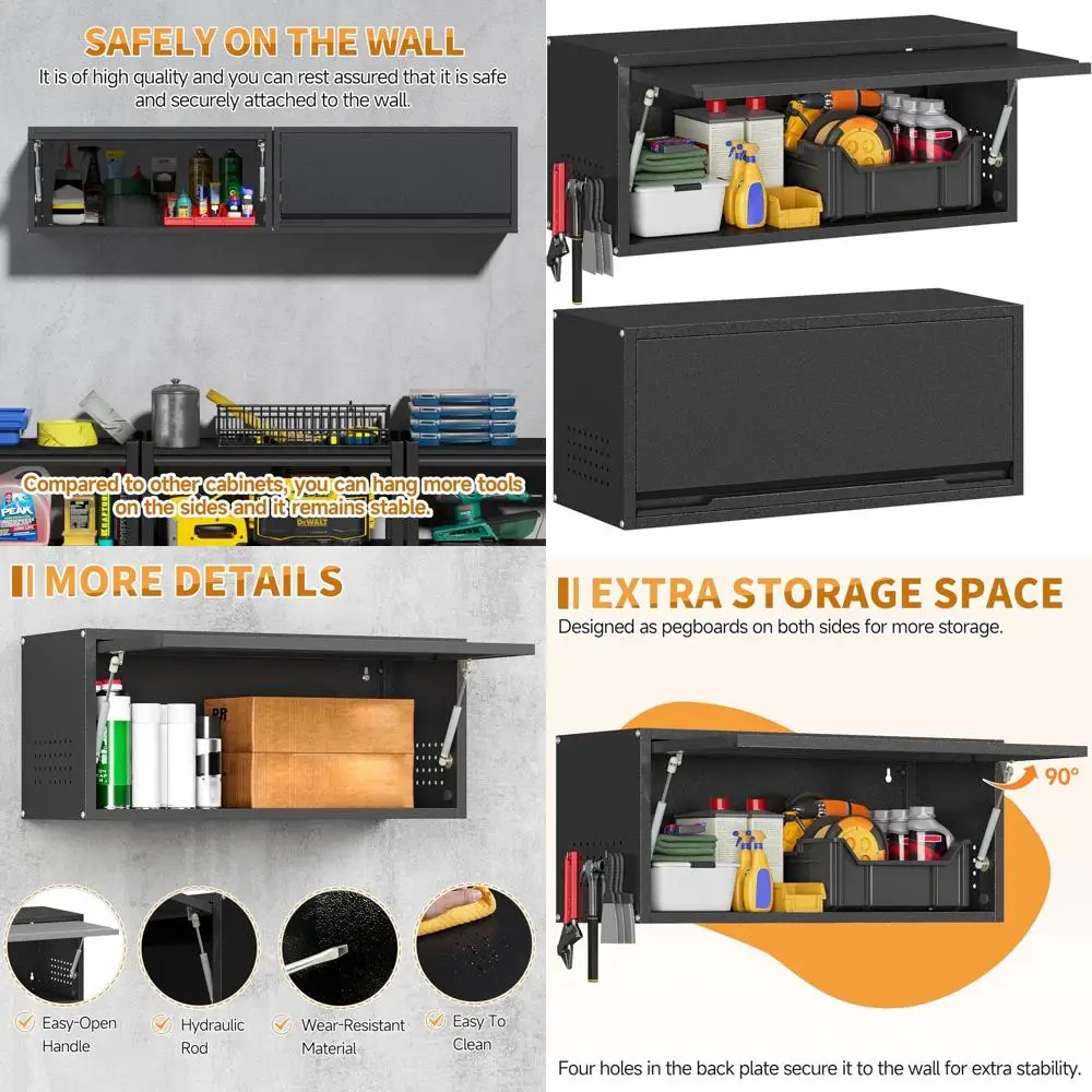 

Черный настенный стальной шкаф для хранения в гараже с откидной дверцей и перфорированной панелью, идеально подходит для инструментов на кухне, в гараже, мастерской или