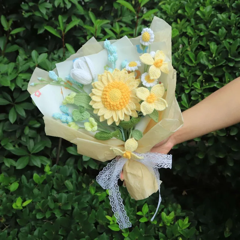 

Crochet Sunflower Yarn Bouquet, Handcrafted Wool Flower Gift for Women, Bestie Birthday Present, Photography Prop Home Decor