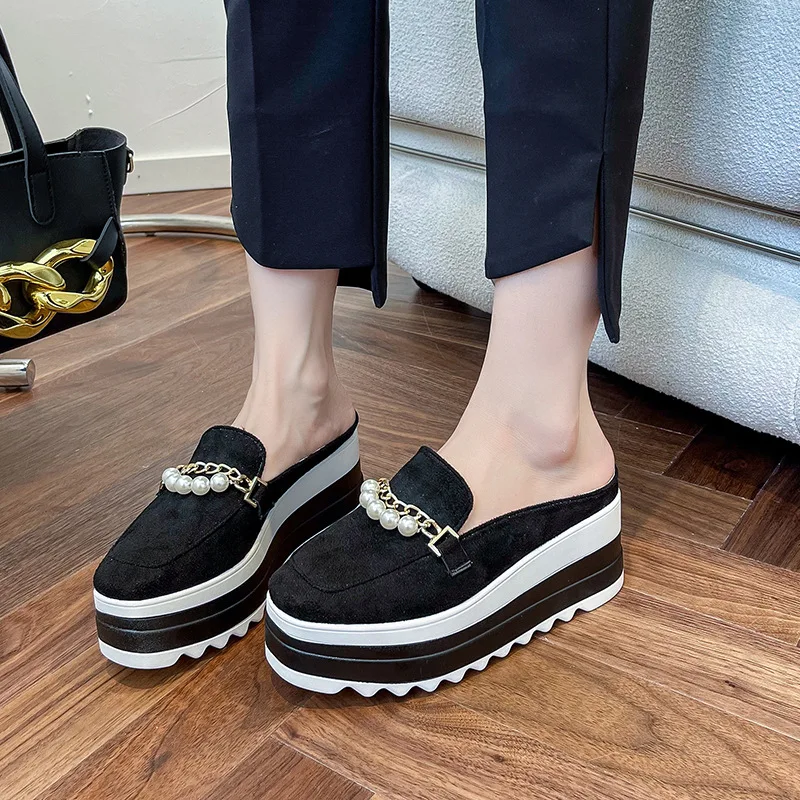 

Slippers Ladies with Pearl Chain Comfortable Platform Mules Shoes Casual Round Toe Loafers Summer Suede Women's Shoe 42