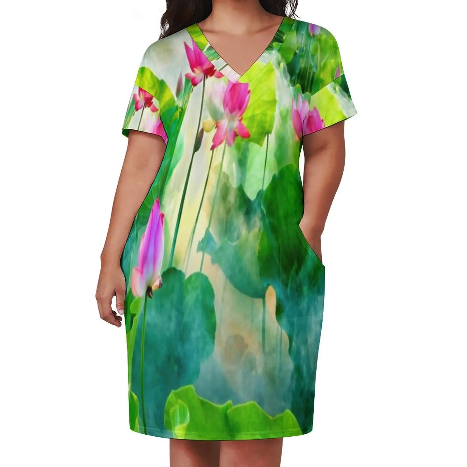 lotus aquatic plant Loose Pocket Dress dresses with long sleeves Women