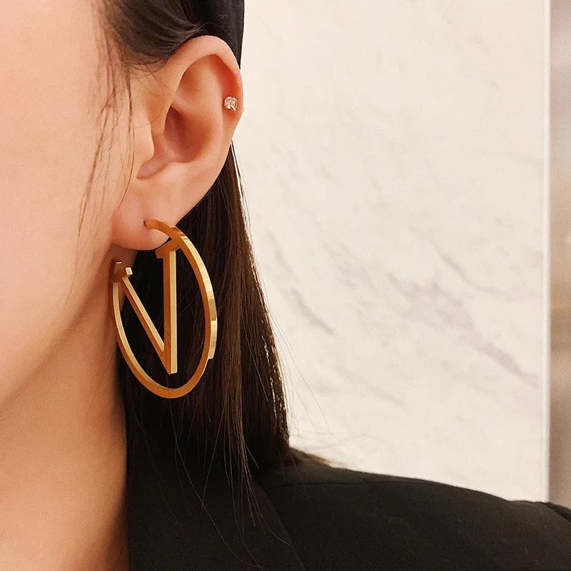 2024 New Trends V Letter Hoop Earrings For Women Stainless Steel Earrings Punk Round Ear Jewelry Gift image 4
