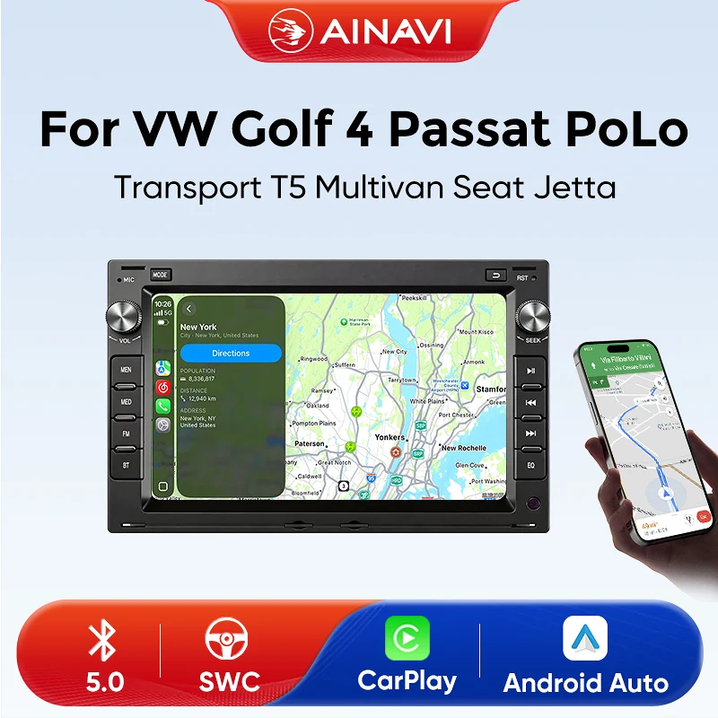 AINAVI Wireless CarPlay Android Auto 2 Din Touchscreen Multimedia-Player Autoradio Auto-Stereoanlage Bluetooth FM RDS SWC AUX-In EQ Mirrorlink Für Volkswagen VW Golf 4 MK4 Passat B5 Polo Bora Jetta T5