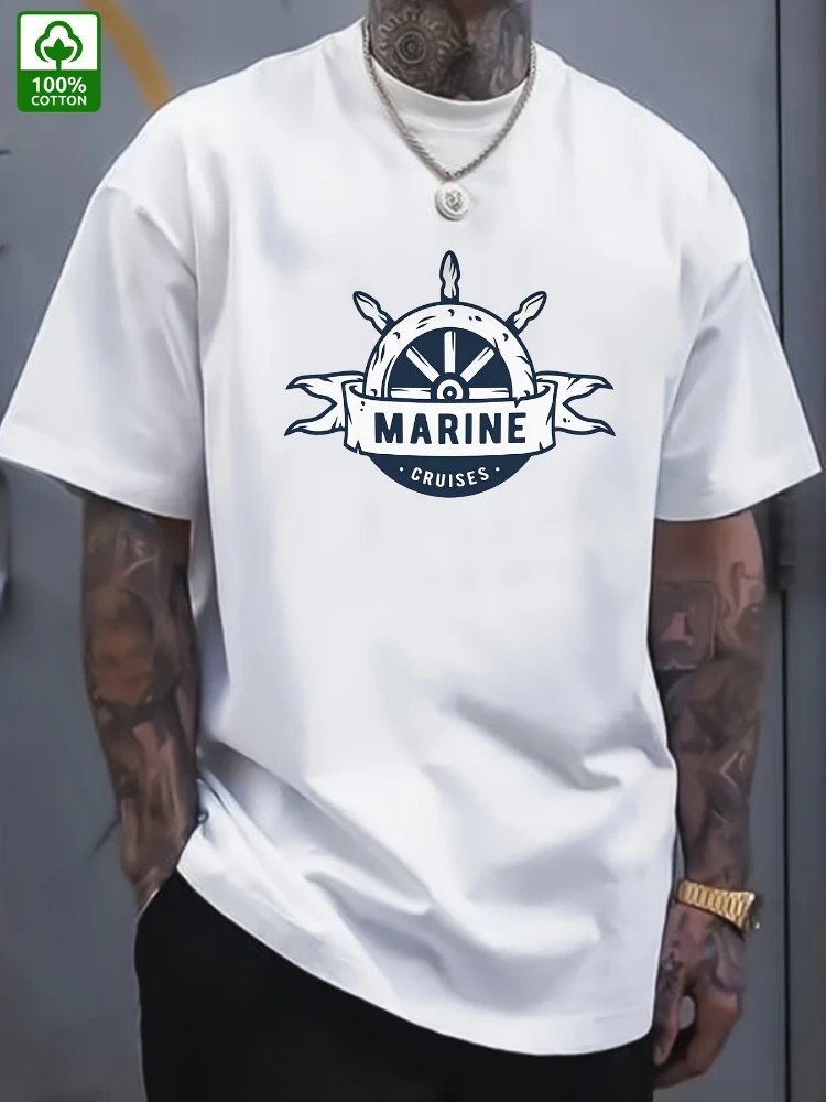 تصميم نمط Oar-100% تي شيرت رجالي صيفي من القطن برقبة دائرية وأكمام قصيرة مطبوع كاجوال.