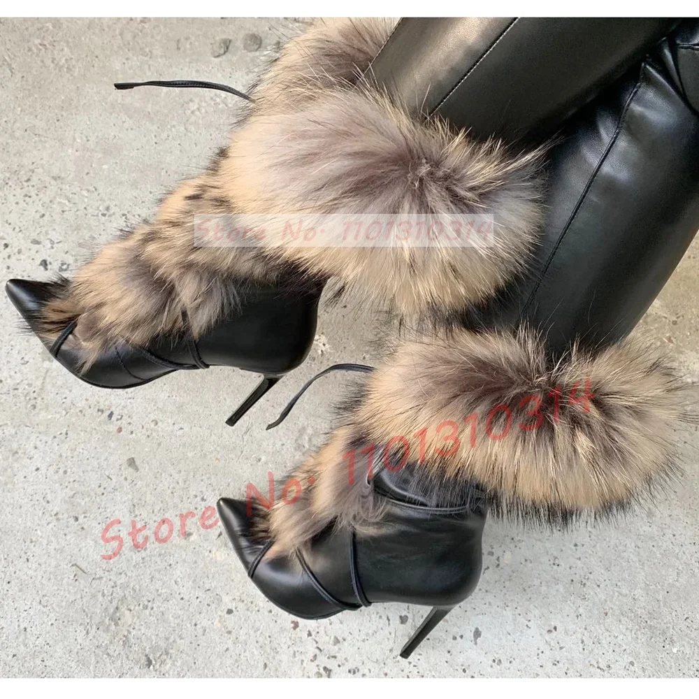 Real Fur Fluffy Mid-calf Boots Ladies Fashion Sexy Cross-tied Pointy Winter High Heel Shoes Women Luxury Big Size Stiletto Boots - Image 3