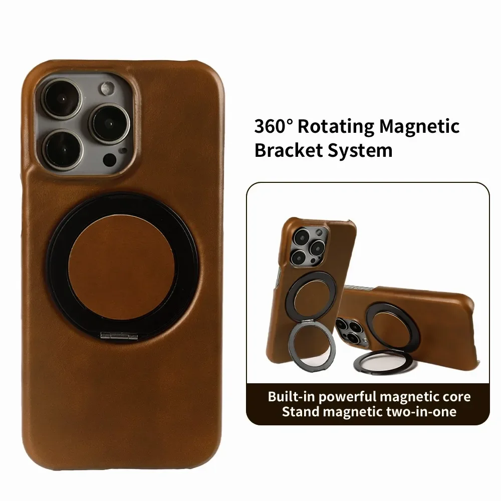 Luxury 360° Rotating Magnetic Holder Genuine Leather Case For iphone 15 Pro Max 16Pro 14Pro 13 12 11 Magsafe Charging Back Cover