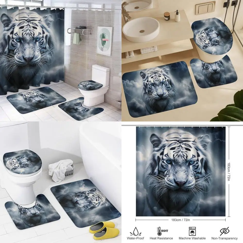 

elegant white tiger themed shower curtain and rug set for nature-inspired bathroom decor