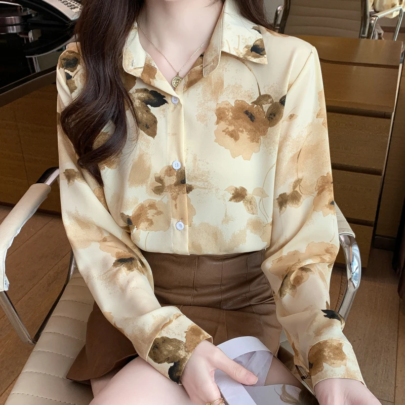 Women Spring Korean Office Lady Loose All-match Appear Thin Shirts Women Clothes Casual Simplicity Printing Polo-Neck Trend Tops