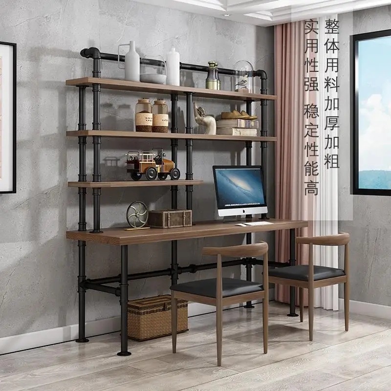 Industrial style solid wood desk bookshelf combination bedroom writing desk bookcase desk integrated creative student computer