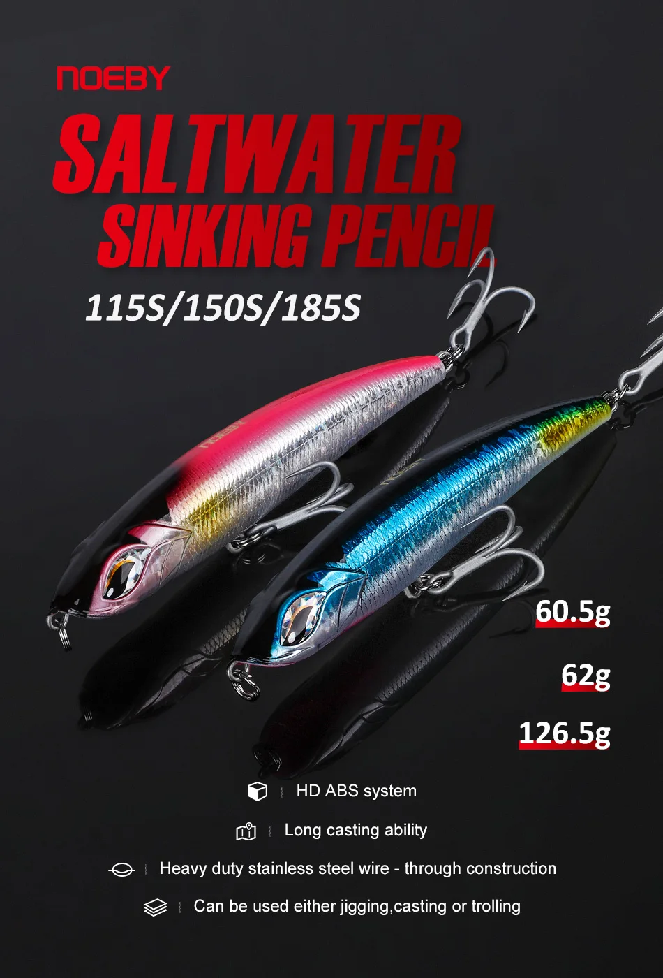 Noeby 115mm 60,5g 150mm 62g 185mm 126,5g Stickbait Sinking Bleistift Angeln Lockt Lange Casting künstliche Köder Meer Angeln Köder – Detail 9