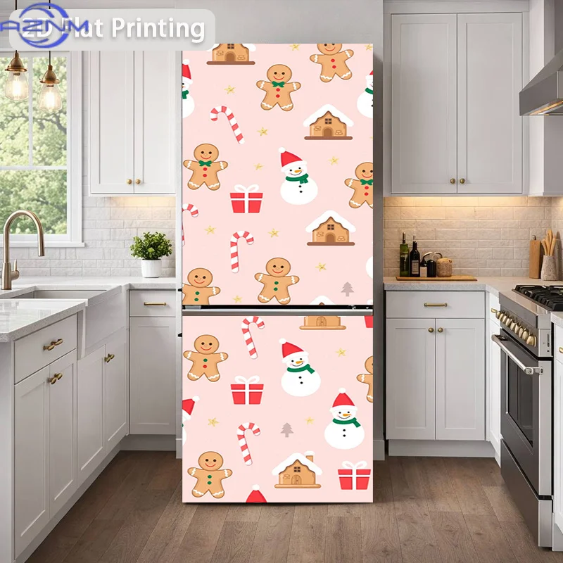 2D Flat Printing 1pc Refrigerator Sticker 60×180cm Gingerbread for Man Snowman House Themed Design, Self-Adhesive Wall Decal W
