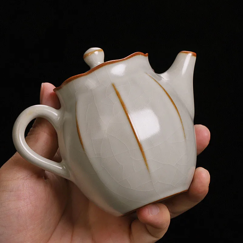 220ml Chinese Ru Kiln Bean Yellow Ceramic Teapots Handmade Gold Line Kettle Travel Portable Filter Tea Pot Can Raise Home Teaset