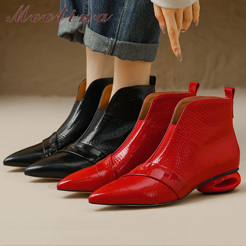 

Meotina Women Genuine Leather Ankle Boots Pointed Toe Strange Style Mid Heels Short Boots Ladies Fashion Shoes Autumn Winter 40