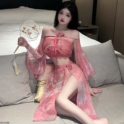 Hot Shawl Chinese Dress Temptation Pajamas Bandage Sexy Hanfu Skirt Women Lingerie High Split Skirt Cute Girls Ancient Costumes